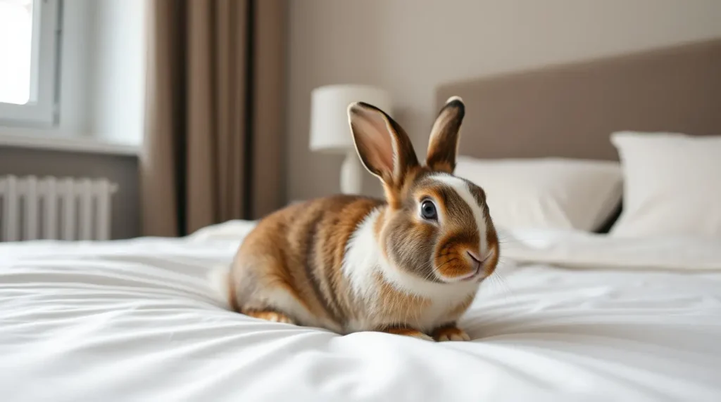 A rabbit sits on a bed while its owner looks on with concern, wondering, "Why does my rabbit pee on the bed?" and searching for solutions to this common pet behavior.
