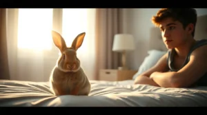 A rabbit sits on a bed while its owner looks concerned, asking, "Why does my rabbit pee on the bed?" and seeking solutions to this frustrating behavior.