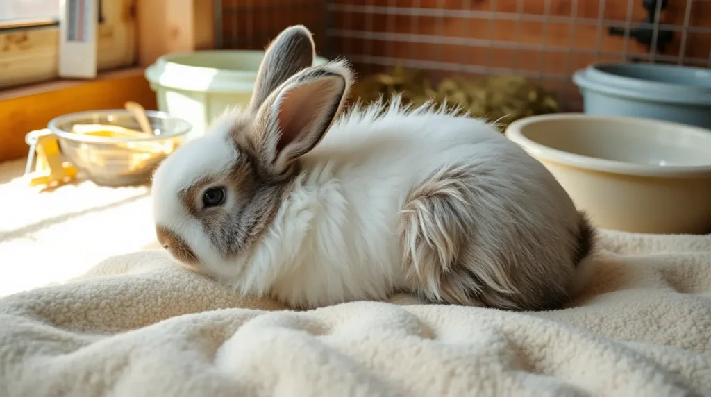 An American Fuzzy Lop rabbit resting comfortably in a well-maintained habitat with a thermometer nearby, demonstrating what type of temperature do American Fuzzy Lop rabbits need for a safe and cozy environment.