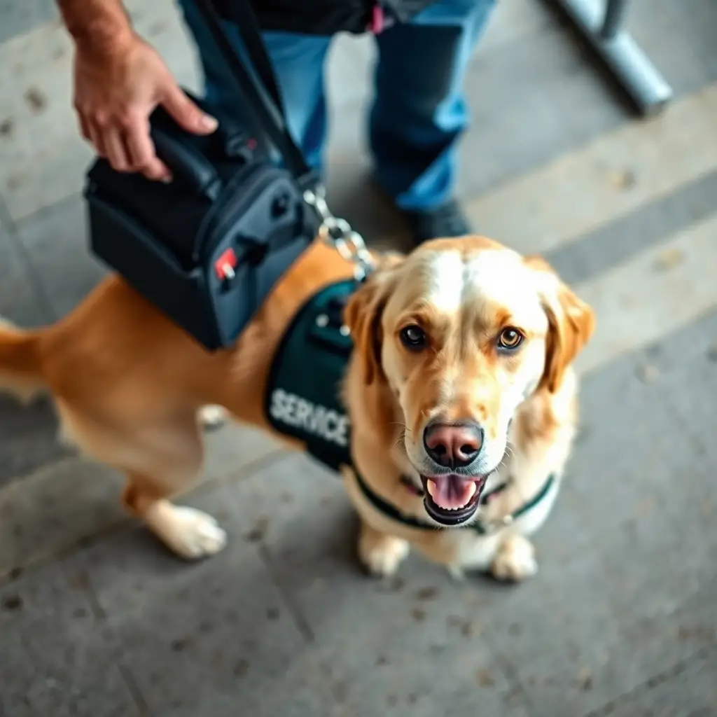 A focused service dog wearing a training vest, assisting its handler in a real-world setting. This image represents the step-by-step process of how to train my dog to be a service dog, emphasizing positive reinforcement and specialized training.