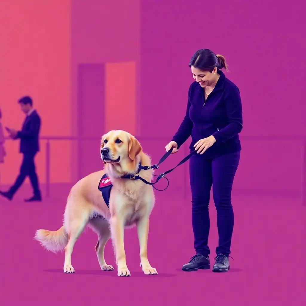 A service dog in a training session, wearing a vest and attentively following commands. This image illustrates the process of how to train my dog to be a service dog, focusing on positive reinforcement and specialized task training.