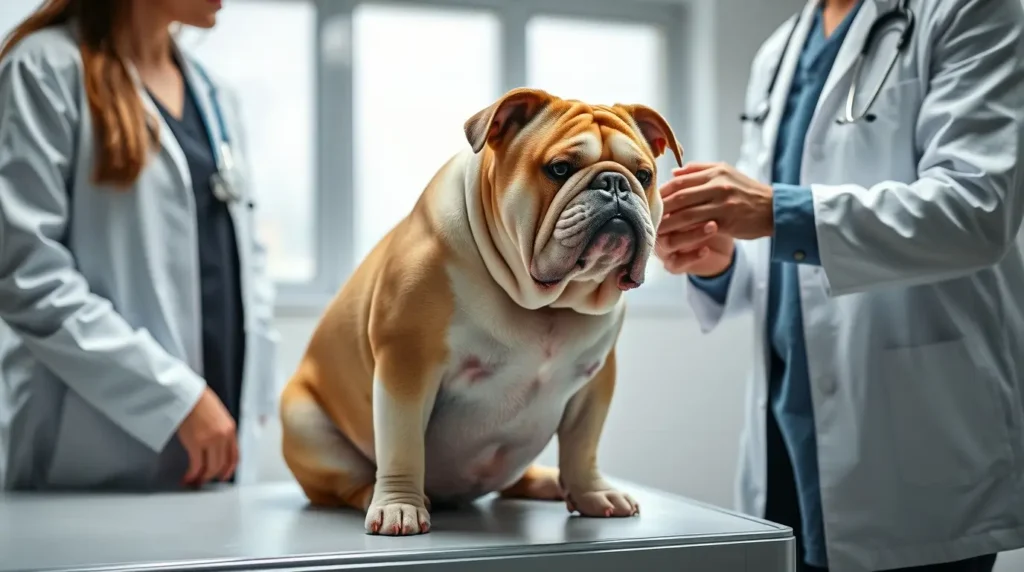 A veterinarian examines an obese dog with Down syndrome-like symptoms while a concerned pet owner looks on in a modern clinic.