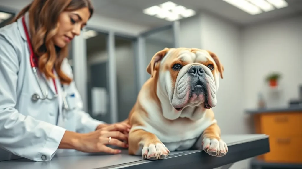 A veterinarian examines an obese dog with Down syndrome while a concerned pet owner gently holds its paw in a modern clinic.
