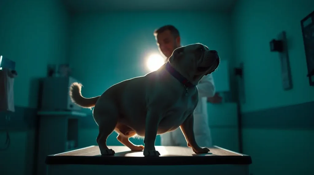 A caring veterinarian examines an obese dog with Down syndrome while its concerned owner provides support in a veterinary clinic.