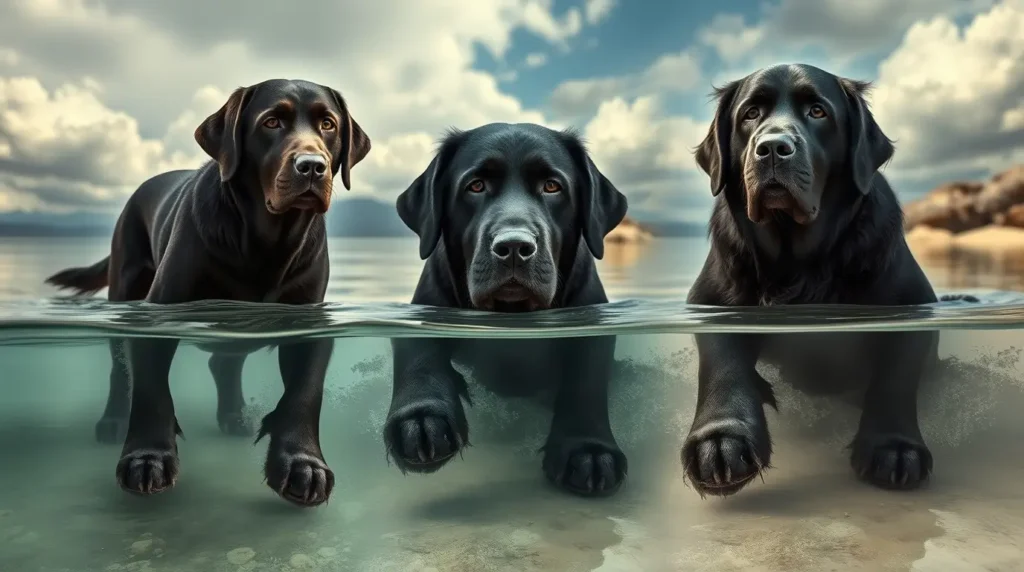 A Labrador Retriever, Newfoundland, and Portuguese Water Dog displaying their webbed feet while swimming and walking, highlighting their unique adaptation. Learn what dog breeds have webbed feet and how this feature benefits them.