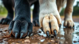 A Newfoundland, Labrador Retriever, and Portuguese Water Dog showcasing their webbed feet while swimming and walking on various terrains. Discover what dog breeds have webbed feet and how this feature enhances their abilities.