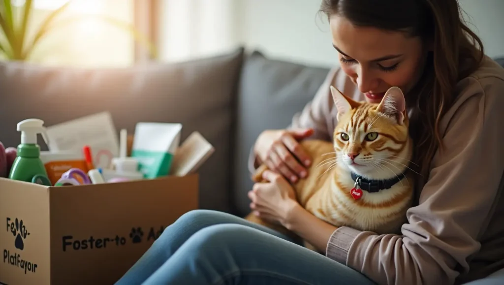 Can I rehome foster to adopt cat? A caring person holds a foster cat, symbolizing the emotional journey and decision to adopt after fostering.