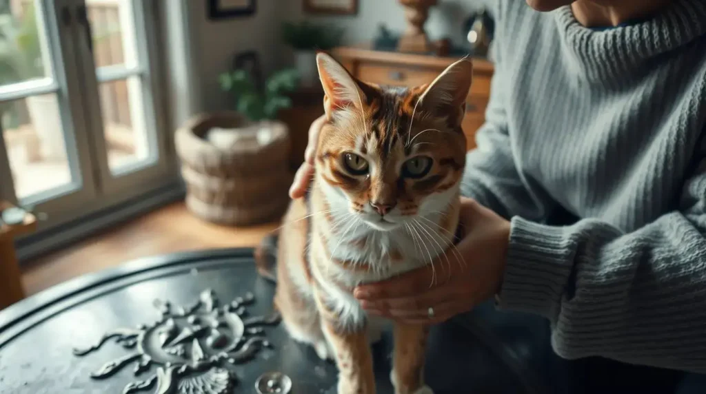Cat owner inspecting their cat’s fur for signs of ringworm, helping answer the question, "How Can I Tell If My Cat Has a Ringworm?"