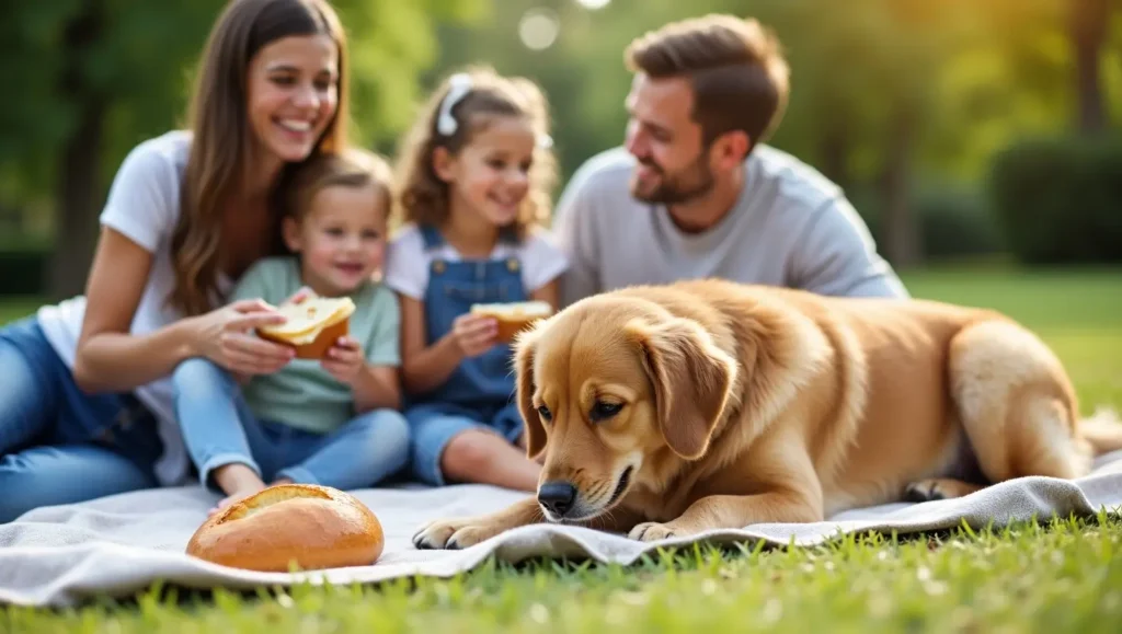 A dog sitting near a kitchen table watching a slice of bread, illustrating the question: can dogs eat bread?