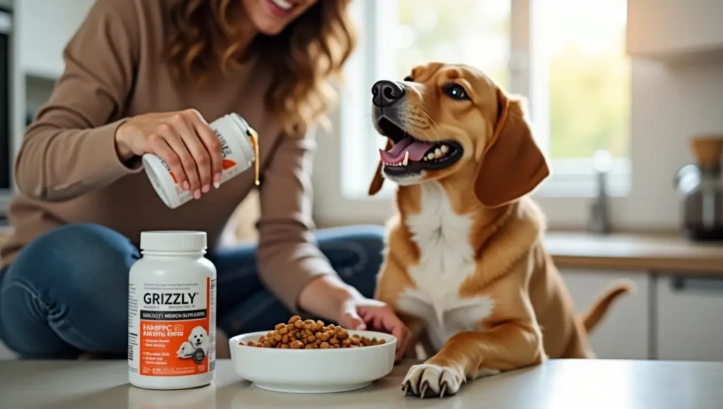 A loving dog owner adding Grizzly Salmon Plus Omega Fatty Acids Food Supplement for Dogs to their pet's food, demonstrating responsible pet care and the importance of omega-rich nutrition for dogs.