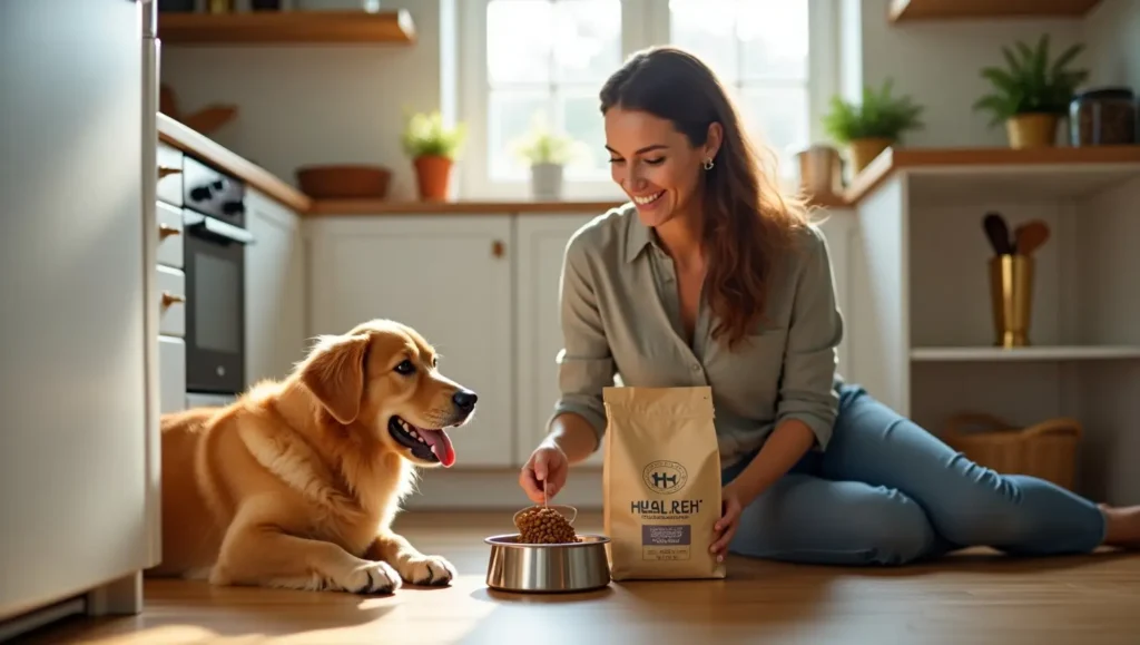Happy dog eating Health Extension Dog Food in a warm, inviting home environment with a loving pet owner.