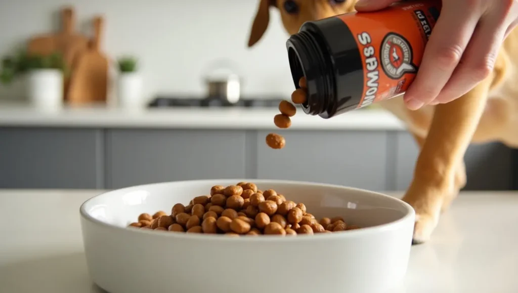 A dog owner carefully adding Grizzly Salmon Plus Omega Fatty Acids Food Supplement for Dogs to their pet's meal, emphasizing the benefits of omega fatty acids for dog health and nutrition.