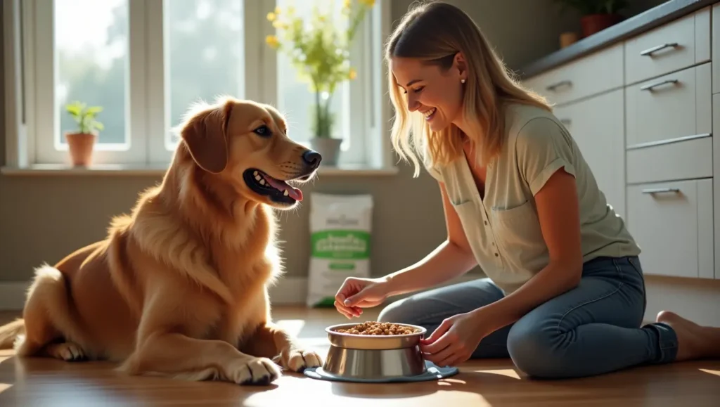 Dog enjoying a meal of Health Extension Dog Food with a loving owner in a cozy home setting.