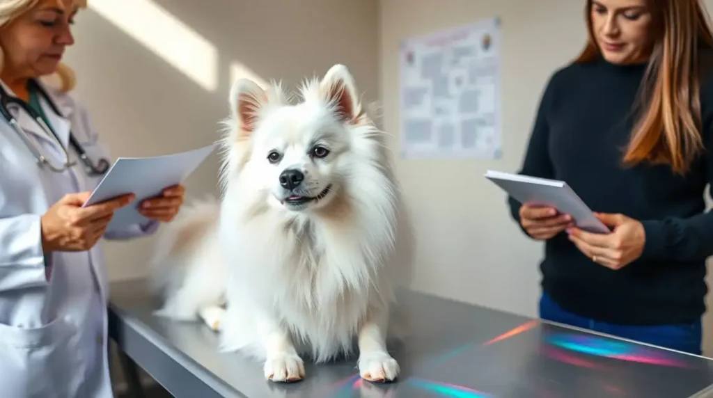 A veterinarian carefully examines an American Eskimo Dog while the concerned owner observes, symbolizing the importance of addressing Health Issues in American Eskimo Dogs with professional veterinary care.