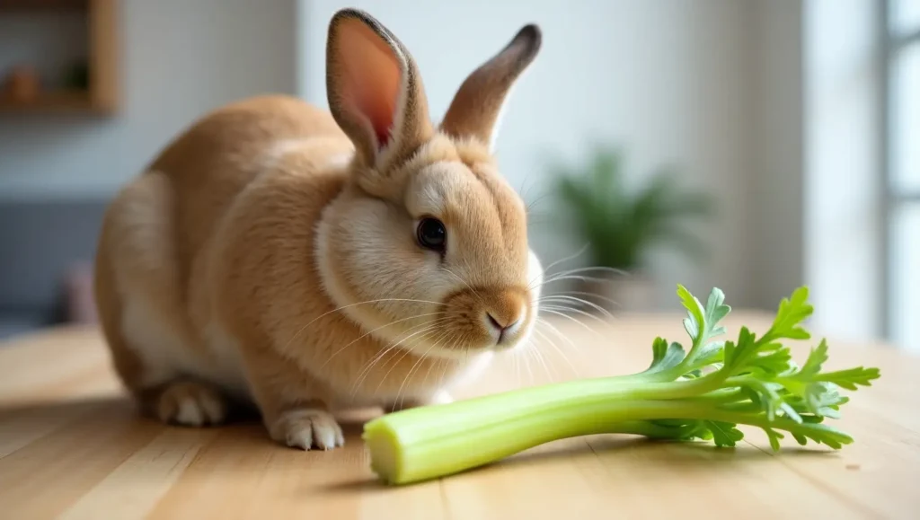 Can rabbits eat celery? Healthy rabbit enjoying a fresh stalk of celery in a safe, loving environment.