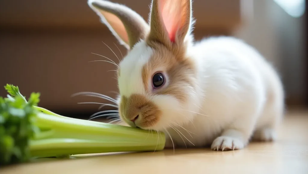 Can rabbits eat celery? A healthy rabbit munching on fresh celery, a safe vegetable option.