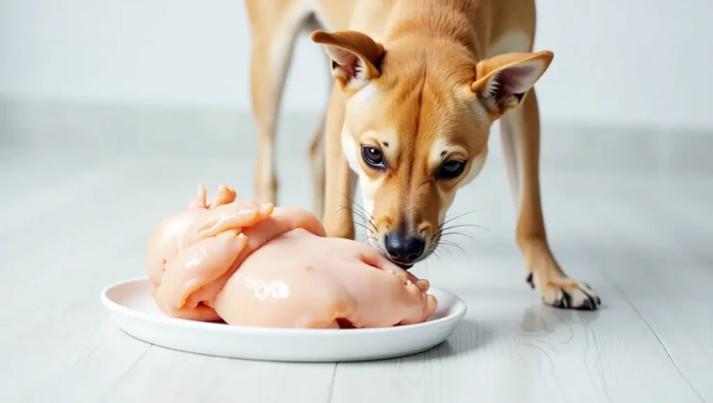 Is raw chicken good for small dogs? A small dog beside a bowl of raw chicken, highlighting safe feeding practices