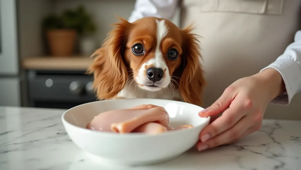 Small dog with raw chicken on the kitchen counter, exploring the question: is raw chicken good for small dogs?