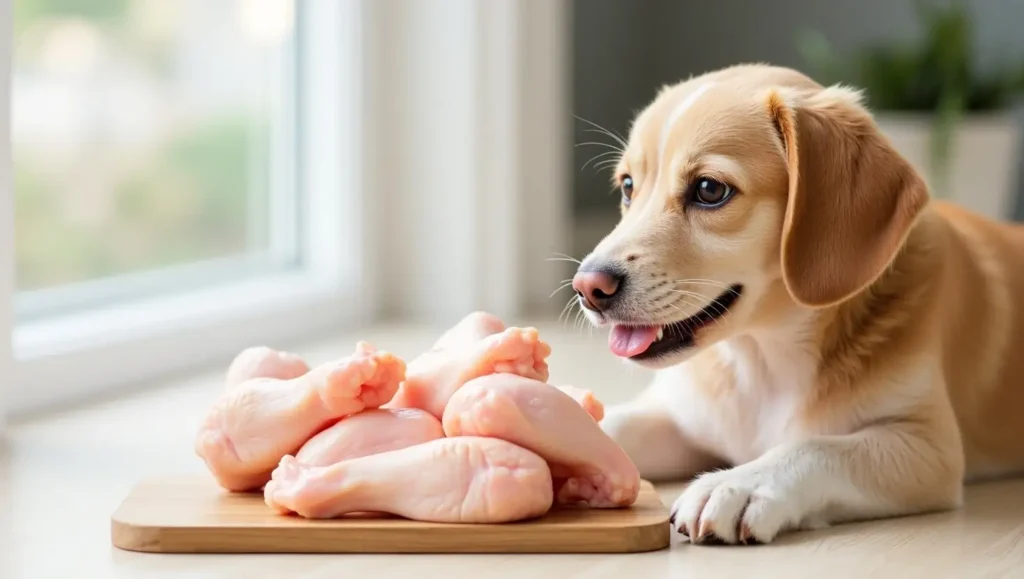 Small dog next to raw chicken on a clean kitchen counter, exploring the question: is raw chicken good for small dogs?