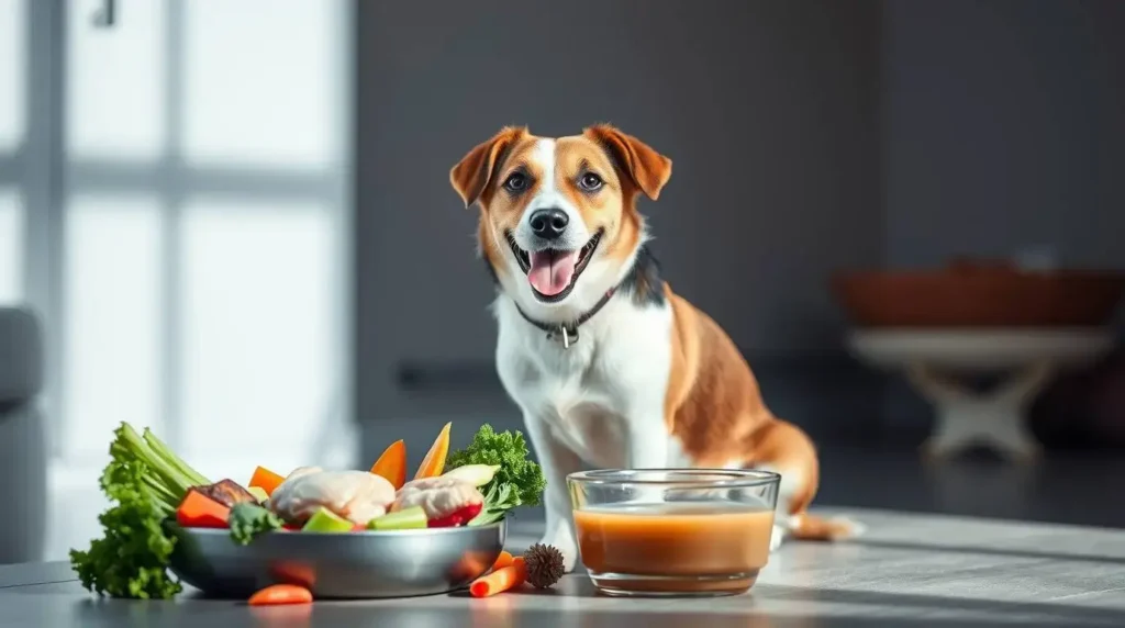 Dog enjoying a raw diet for dogs with bladder stones, with fresh ingredients like chicken, vegetables, and bone broth in a loving home environment.