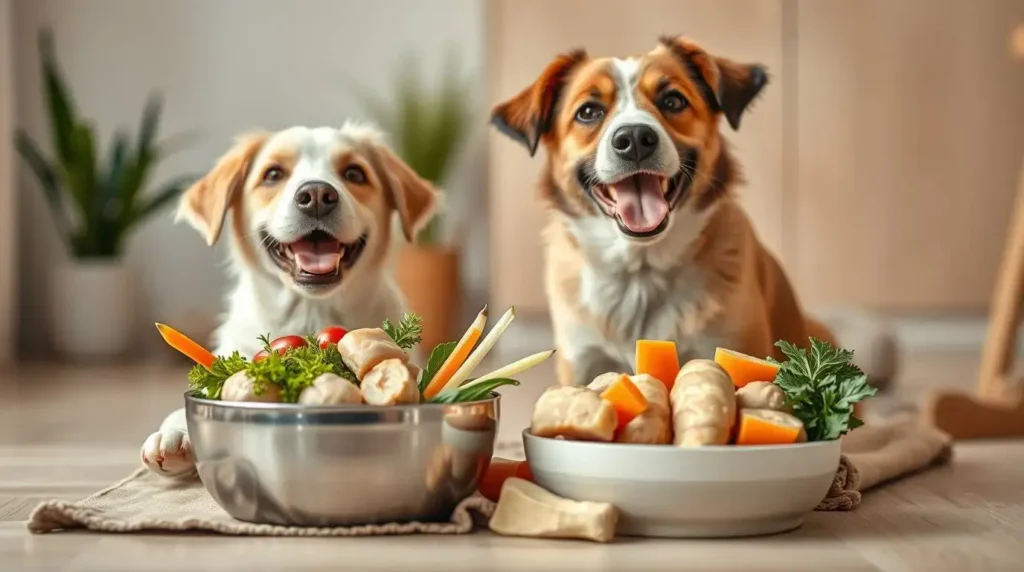Dog thriving on a raw diet for dogs with bladder stones, featuring fresh ingredients like chicken, vegetables, and bone broth in a cozy home setting.