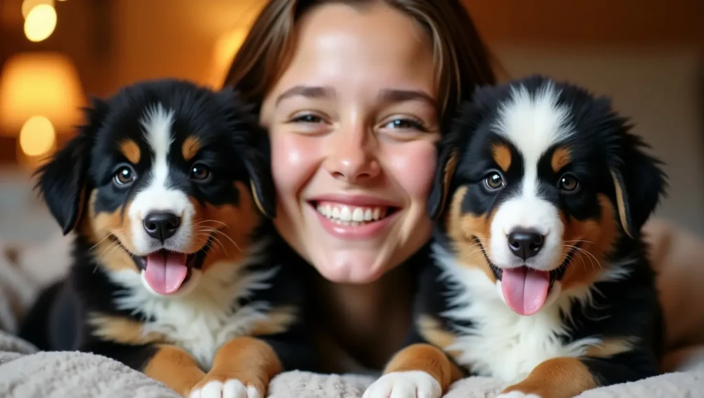 Bernese Mountain Dog puppies displaying their playful and affectionate nature, showcasing their charming personalities and fluffy coats.