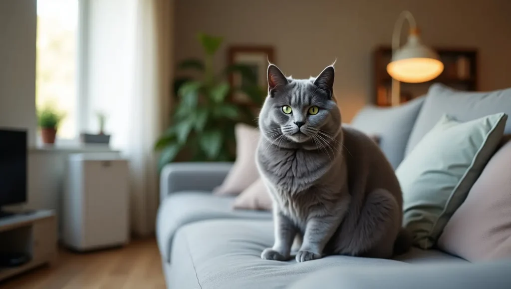 Calm russian blue cat hypoallergenic breed resting on a modern sofa in a clean, allergy-friendly home environment.