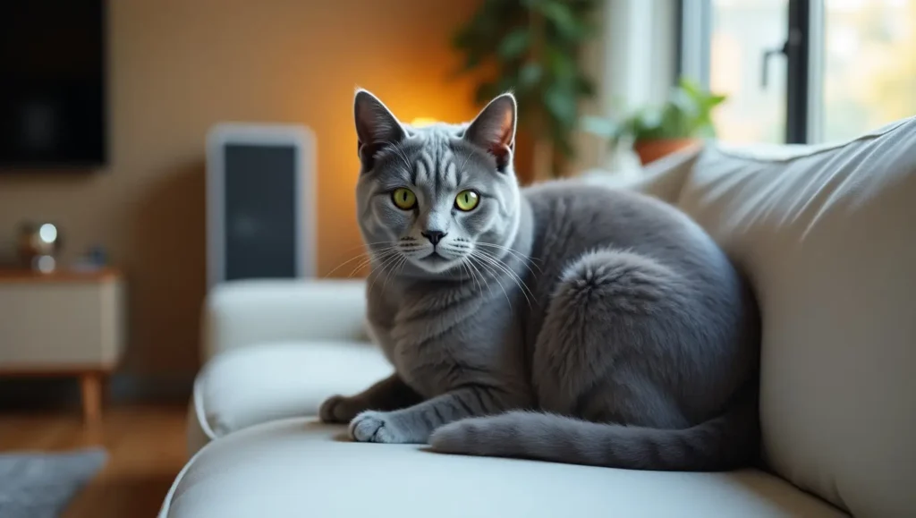 Elegant russian blue cat hypoallergenic breed sitting calmly in a clean, pet-friendly U.S. home designed for allergy-sensitive owners.