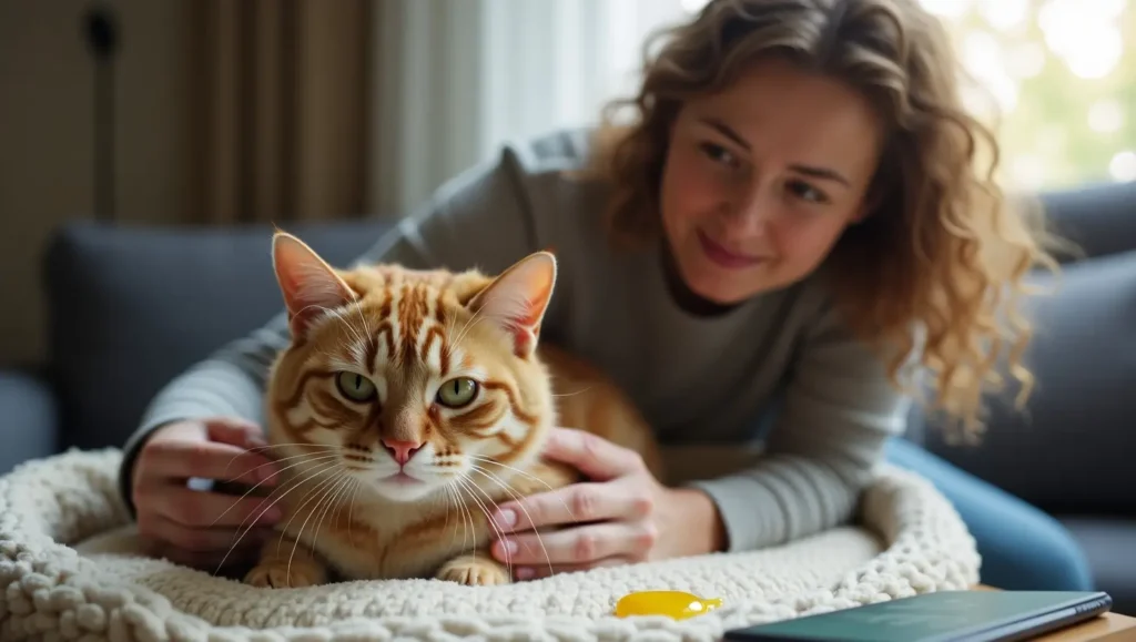 Cat throwing up yellow liquid while owner offers comfort in a calm, home environment focused on feline care.
