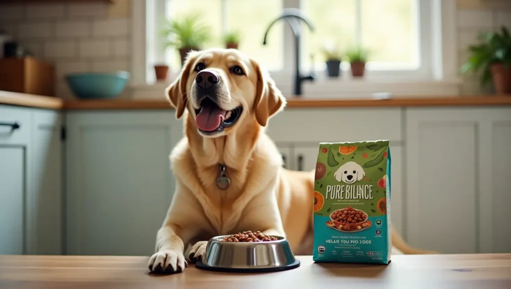 A loyal dog sitting beside a bowl of pure balance dog food in a cozy, well-lit kitchen, representing natural and nutritious pet meals.