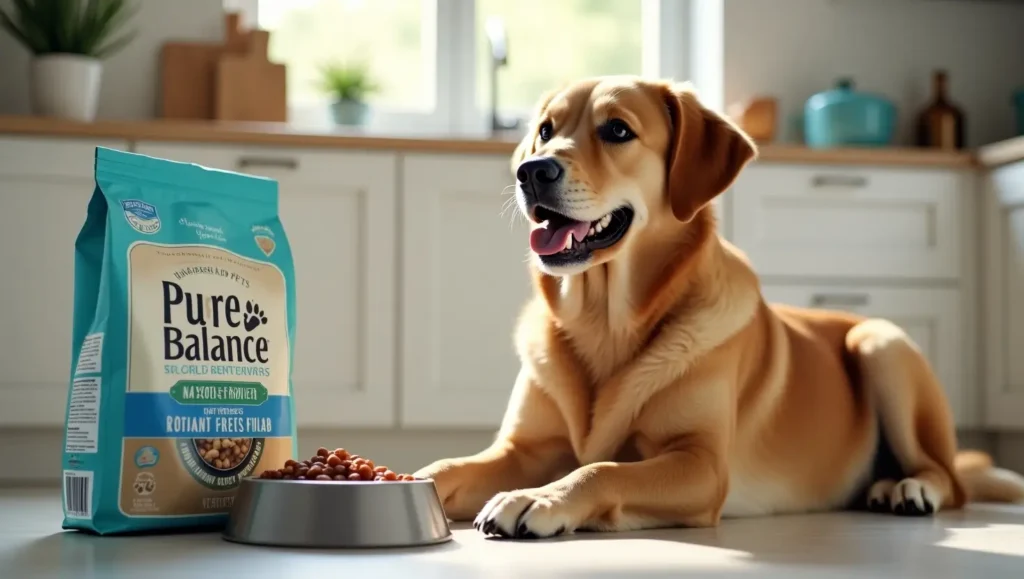 Healthy dog enjoying a bowl of pure balance dog food in a warm, inviting home setting, reflecting quality nutrition and care.