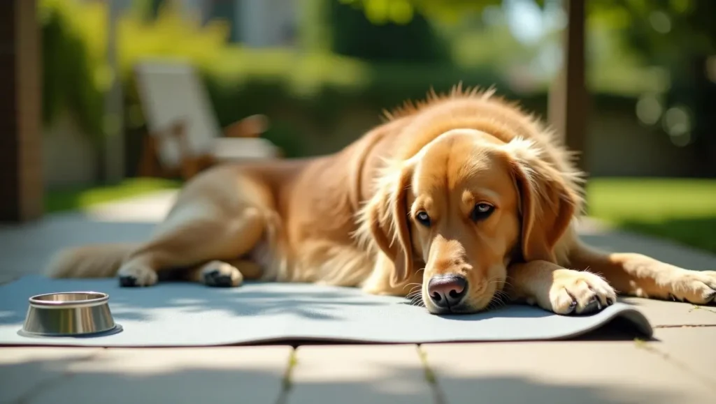 A golden retriever lying in the shade with cooling accessories, emphasizing the prevention of prickly heat in dogs during hot summer days.