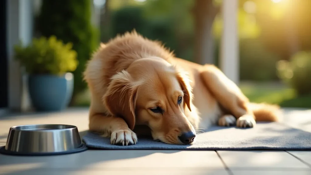 Golden retriever resting in the shade with cooling accessories, symbolizing the prevention of prickly heat in dogs during hot weather.