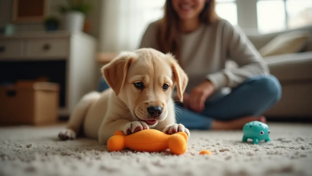 Young puppy chewing on a toy while a pet owner observes with care — a comforting scene during the stage when do puppies lose their baby teeth.