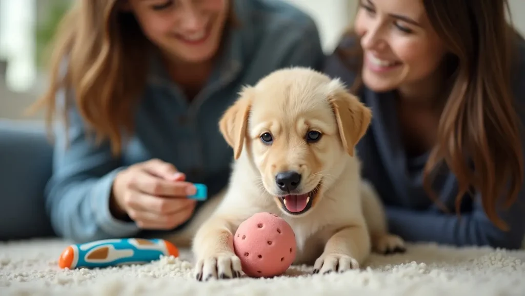 A teething puppy with a chew toy resting near a caring owner, illustrating the stage when do puppies lose their baby teeth.